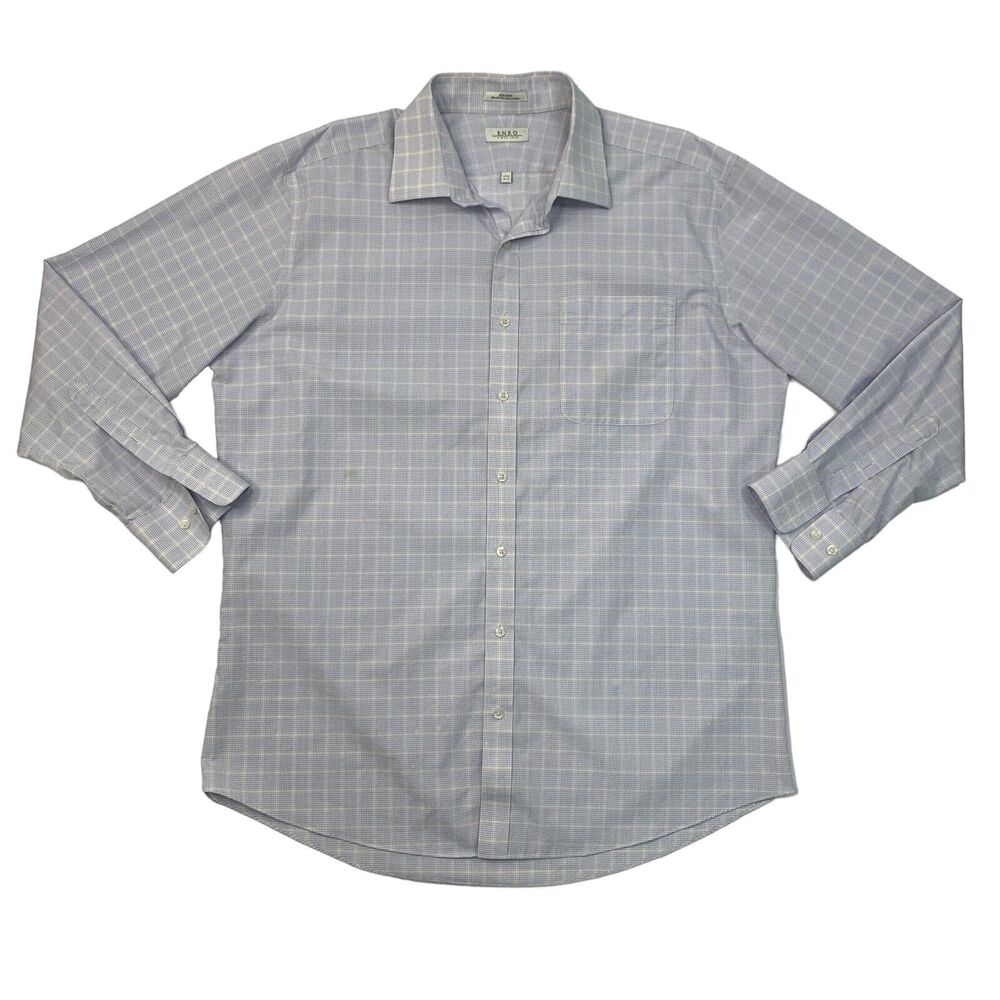 Enro Shirt Mens 17.5 Blue Jay Button Up Plaid Non Iron Cotton Long Sleeve Dress